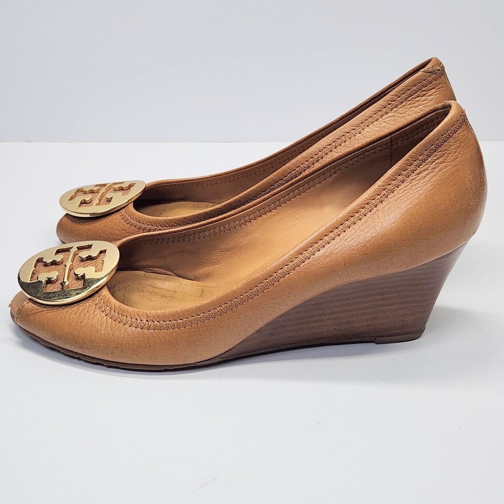 Tory Burch Shoes Womens Size 9** Brown Leather Peep Toe Wedge Logo Pumps - Picture 9 of 15